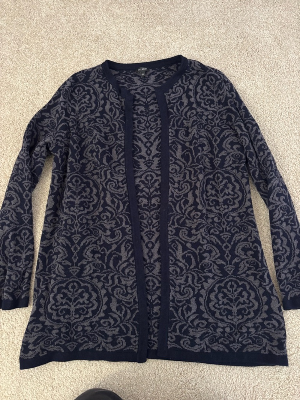 Talbots Cardigan Sweater large Gray Blue Cashmere Blend Chenille Open Front.